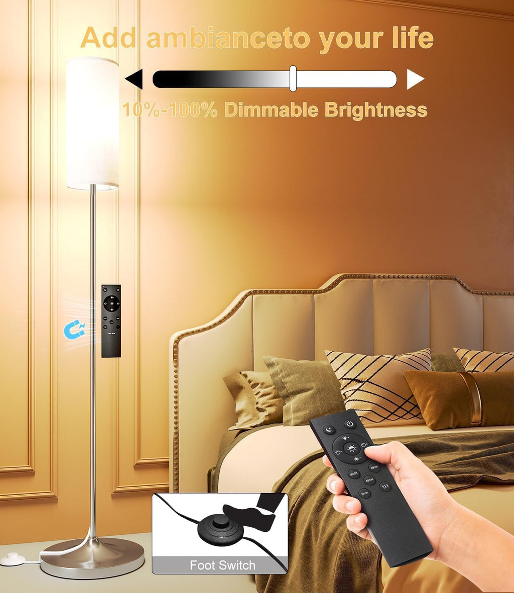 luckystyle LED Floor Lamp for Living Room, Dimmable Standing Lamps with Foot Switch, Remote Custom Color Temperature Silver Pole Lamp with…