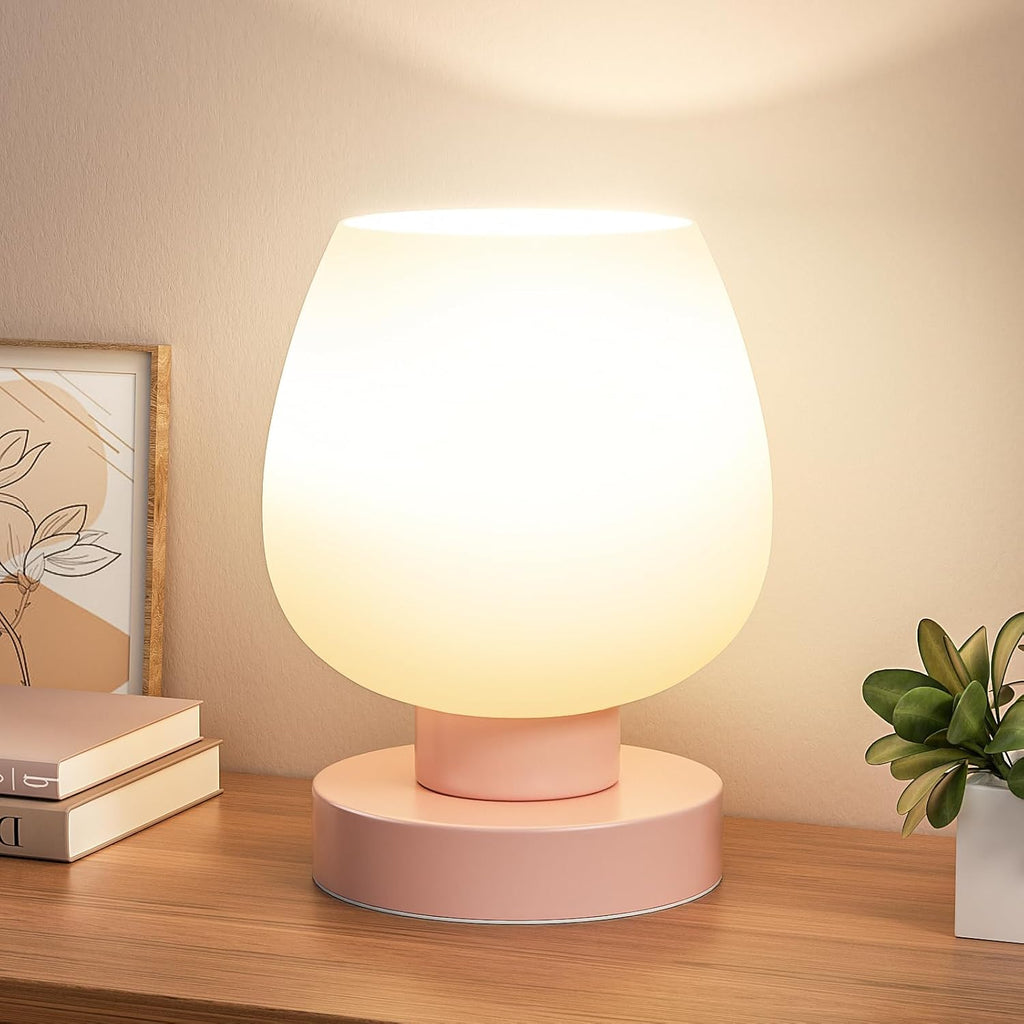 Seealle Pink Touch Table Lamp for Nightstand - Small Bedside Lamp for Bedroom Living Room Night Stands, Desk Lamp with White Glass Shade…