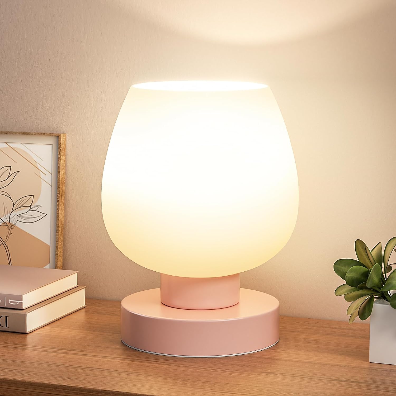 Seealle Pink Touch Table Lamp for Nightstand - Small Bedside Lamp for Bedroom Living Room Night Stands, Desk Lamp with White Glass Shade…