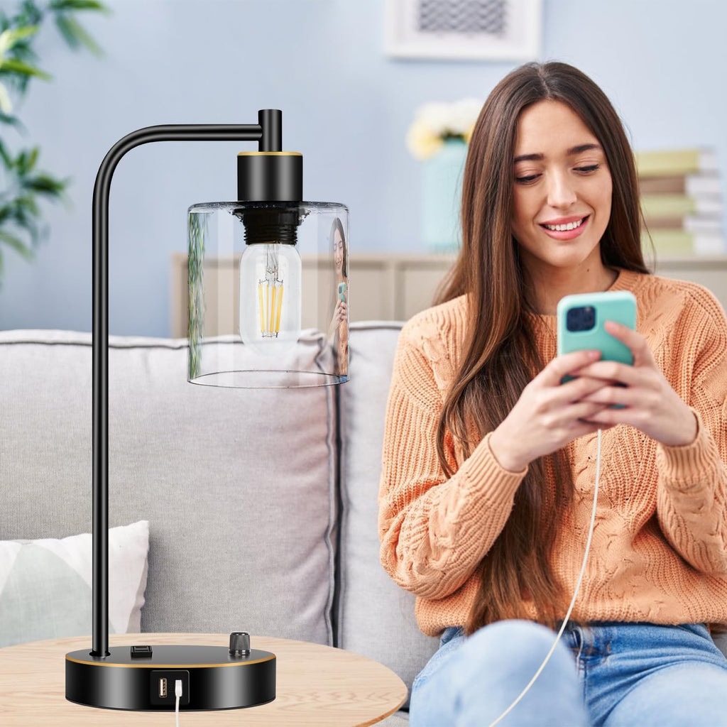 Set of 2 Black and Gold Industrial Table Lamps with USB Port, Fully Stepless Dimmable Bedside Lamps for bedrooms, Nightstand Desk Lamps…