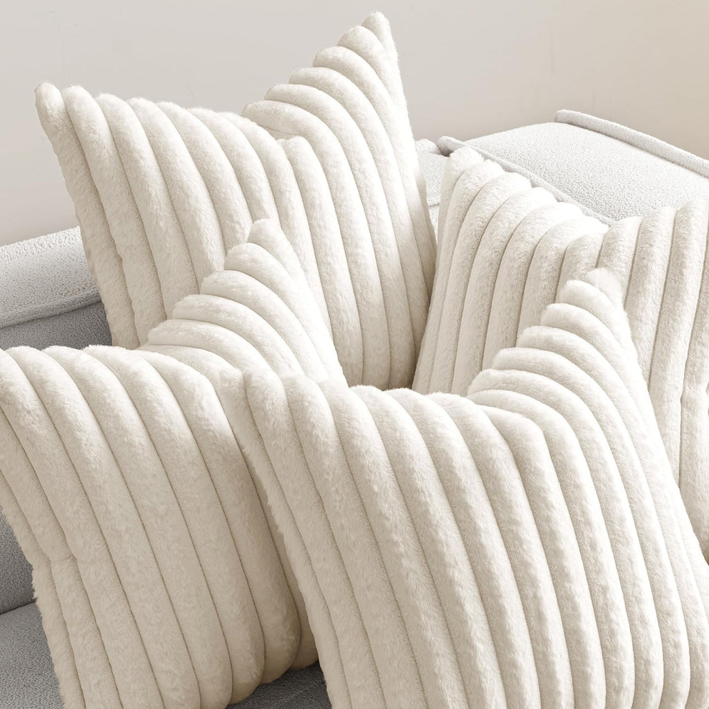 Miulee Faux Fur Plush Decorative Throw Pillow Covers 18x18 Set of 4, Spring Modern Soft Fuzzy Striped Cushion Covers for Sofa Couch Bed Liv…
