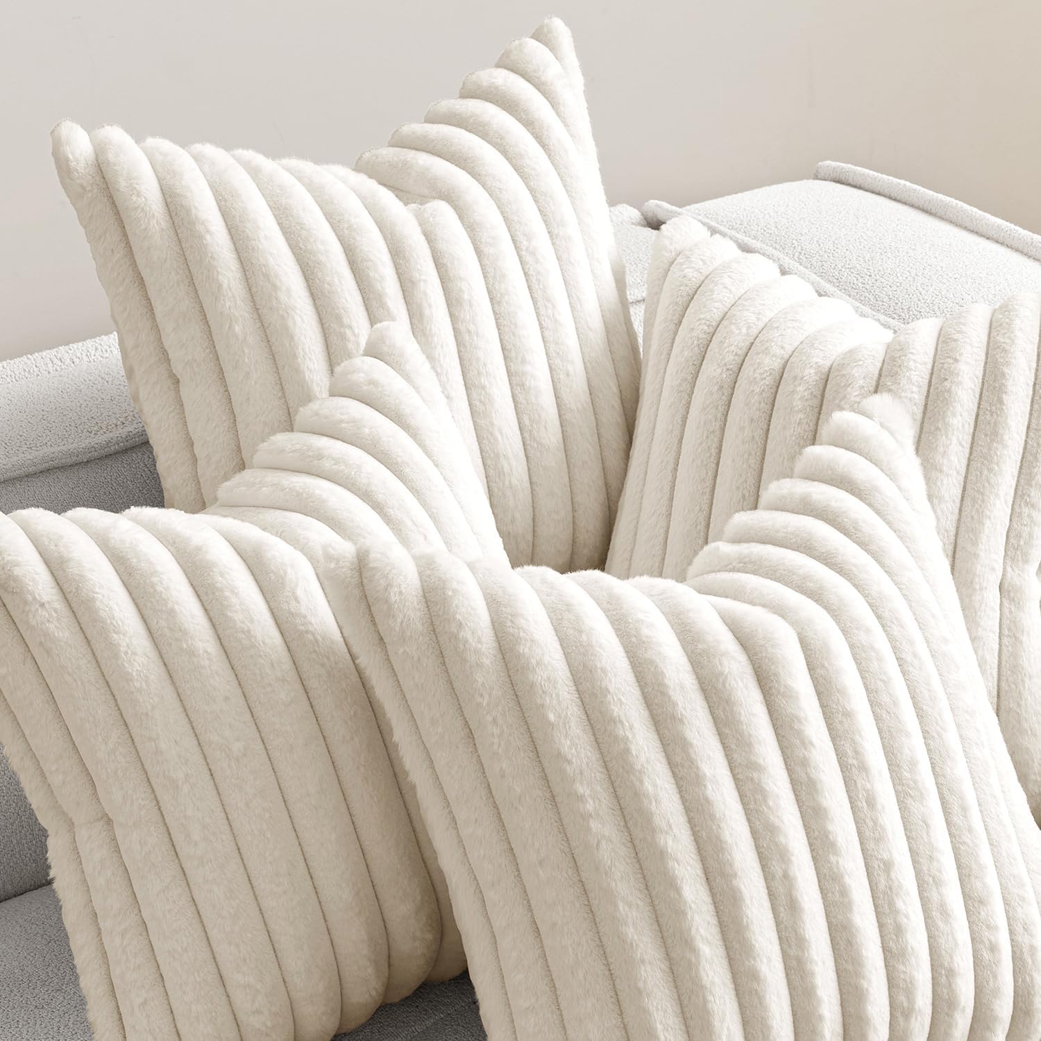 Miulee Faux Fur Plush Decorative Throw Pillow Covers 18x18 Set of 4, Spring Modern Soft Fuzzy Striped Cushion Covers for Sofa Couch Bed Liv…