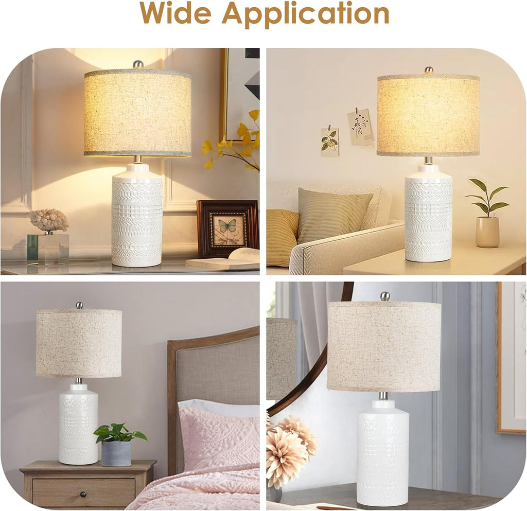 JUNNAI White Ceramic Table Lamp with Beige Shade: 3-Way Dimmable Night Stand Light Lamp 24.5" Modern Table Lamps for Living Room Bedroom…
