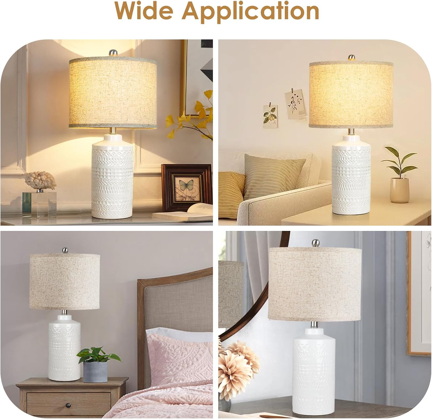 JUNNAI White Ceramic Table Lamp with Beige Shade: 3-Way Dimmable Night Stand Light Lamp 24.5" Modern Table Lamps for Living Room Bedroom…