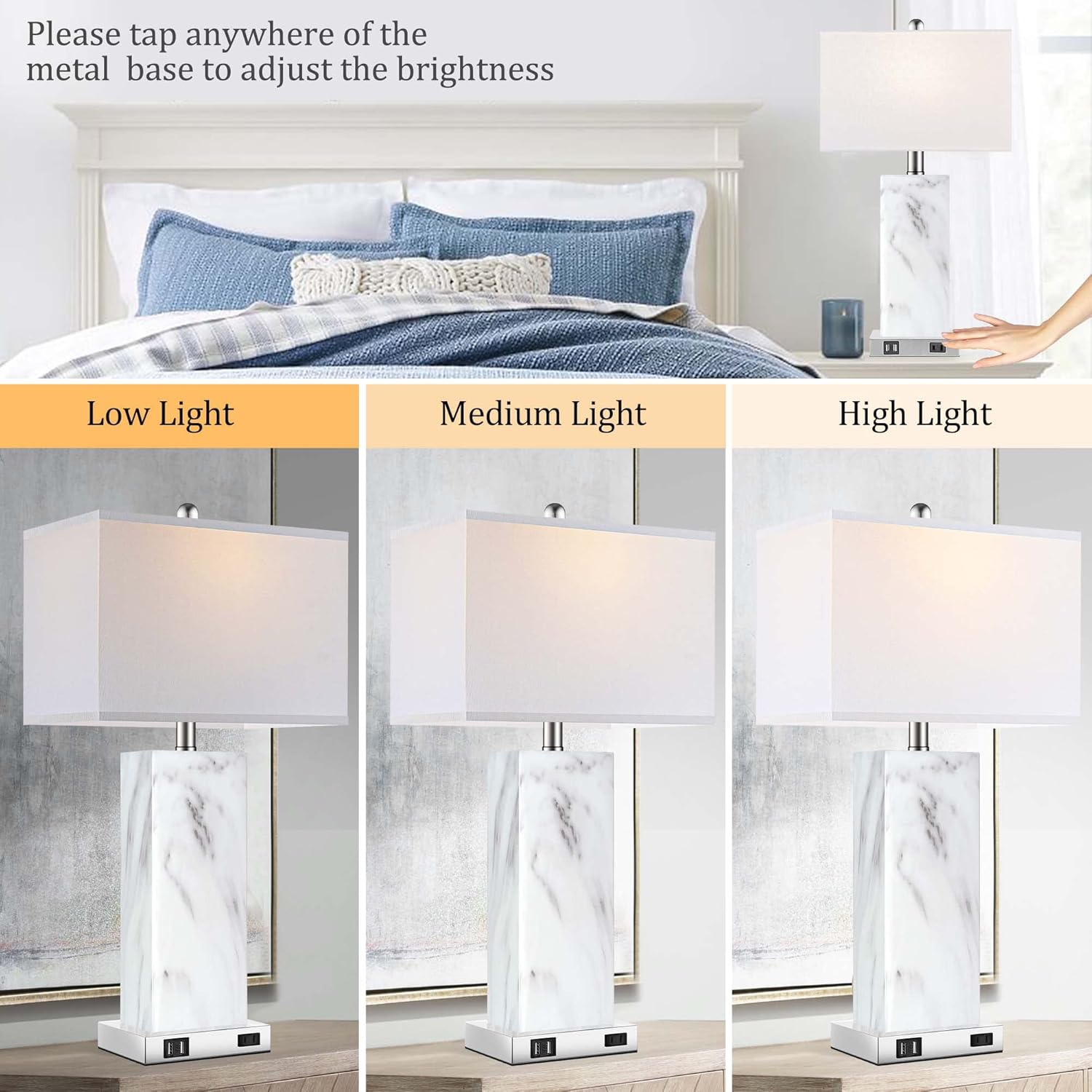 Touch Control Table Lamps Set of 2, Modern Ceramic Bedside Lamp with 2 USB Ports 1 AC Outlet, 3-Way Dimmable White Nightstand Lamp with…