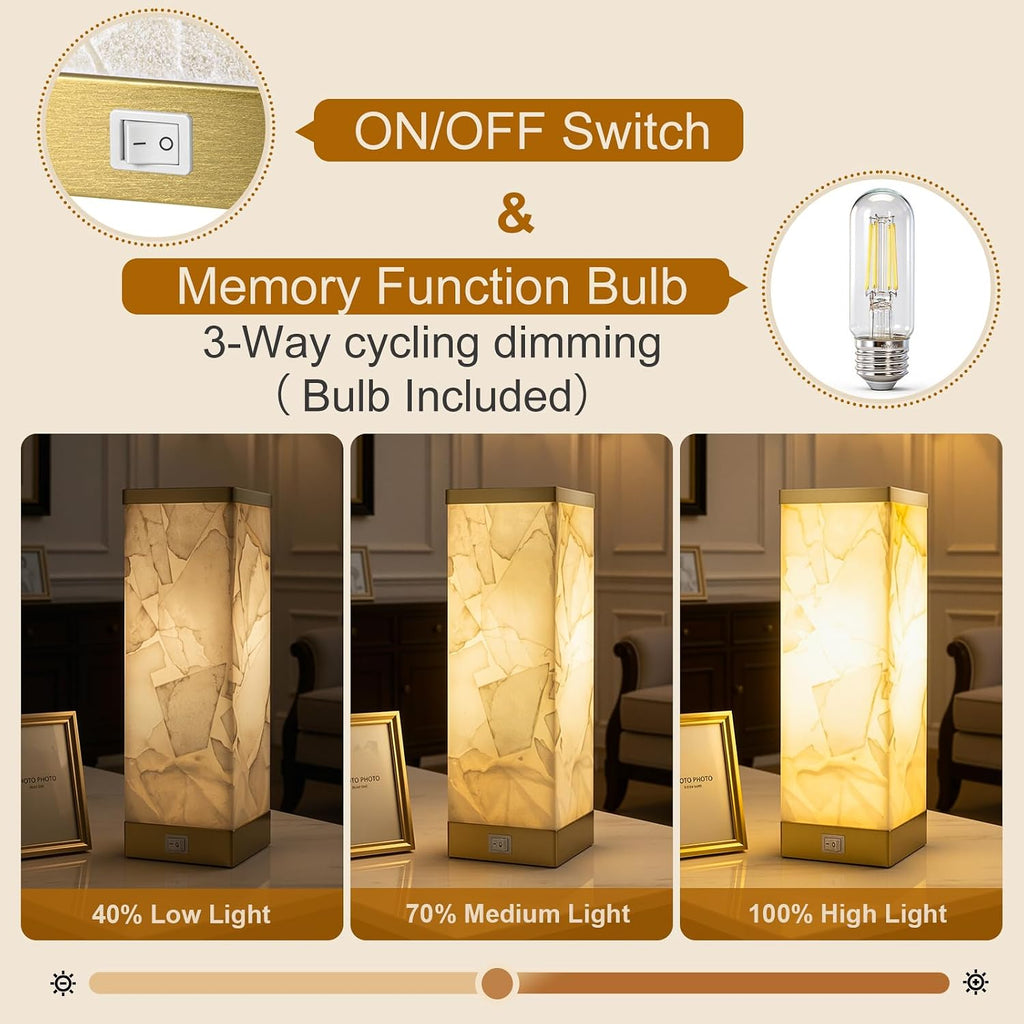 Scenekoy Alabaster Table Lamp for Bedroom Living Room, 3-Way Dimmable Bulb with Memory Function, Modern Bedside Lamps with USB A+C Ports…