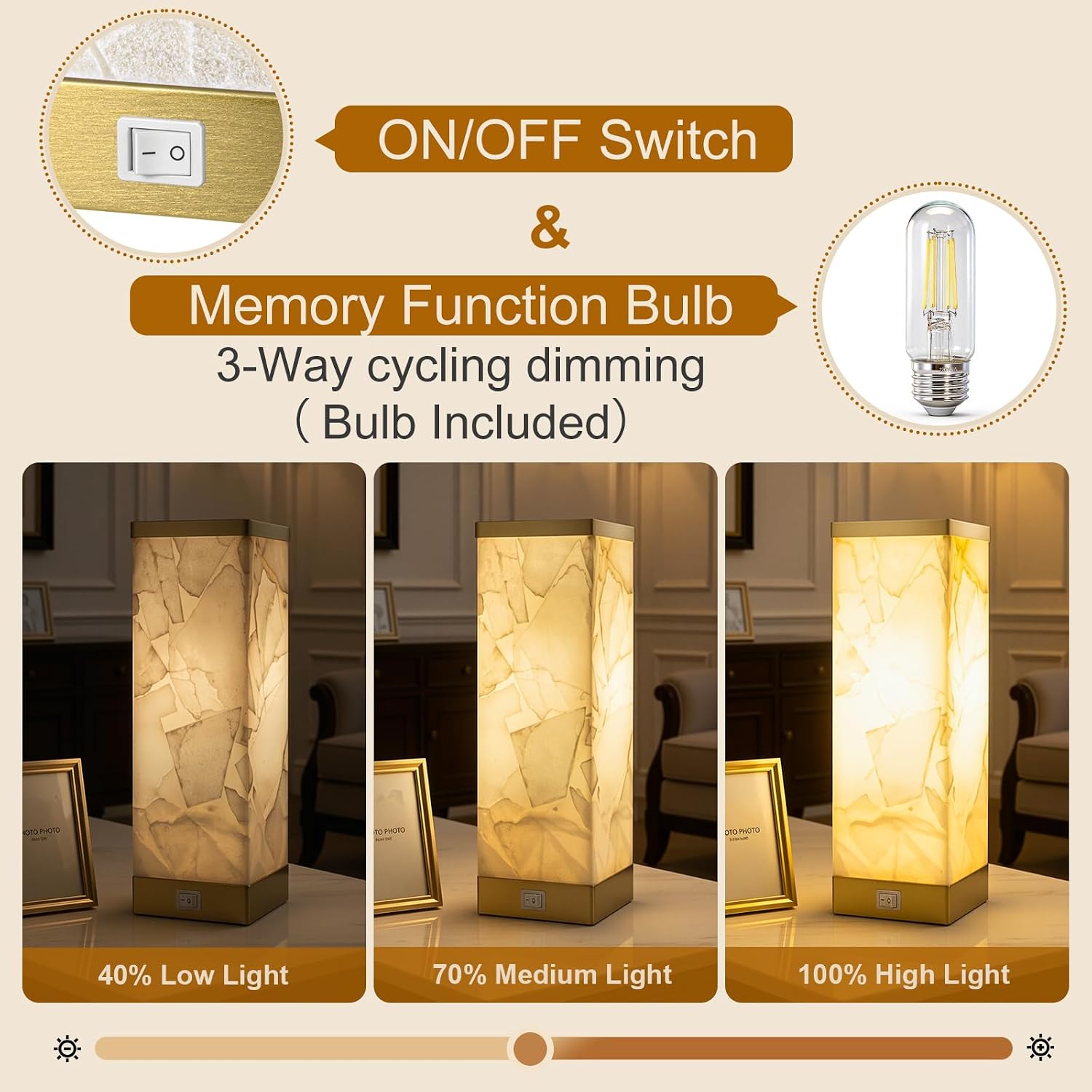 Scenekoy Alabaster Table Lamp for Bedroom Living Room, 3-Way Dimmable Bulb with Memory Function, Modern Bedside Lamps with USB A+C Ports…