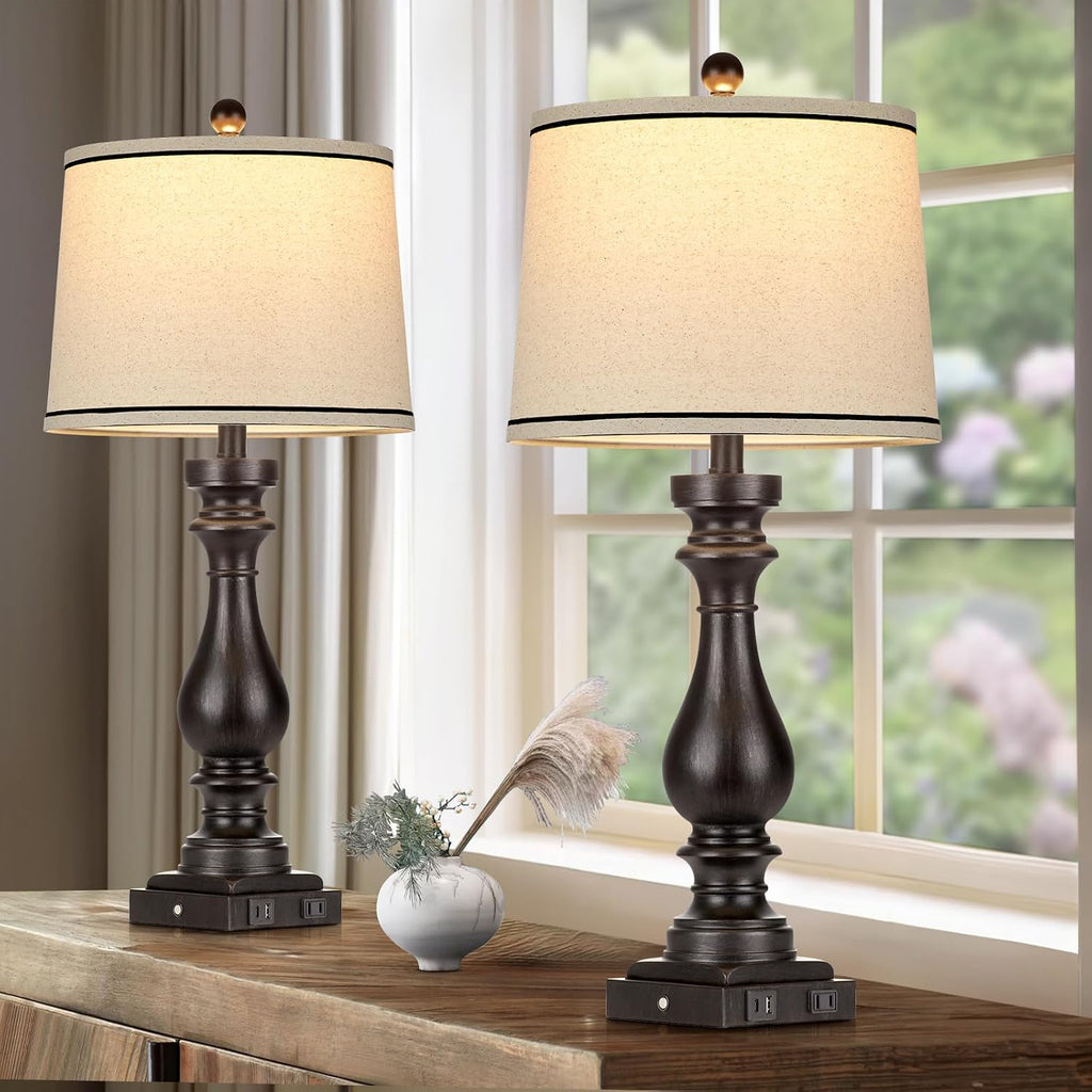Cinkeda 29" Tall Table Lamp for Living Room Set of 2, Farmhouse Vintage Bedside Nightstand Lamps with USB C+A Ports & AC Outlet,3-Way…