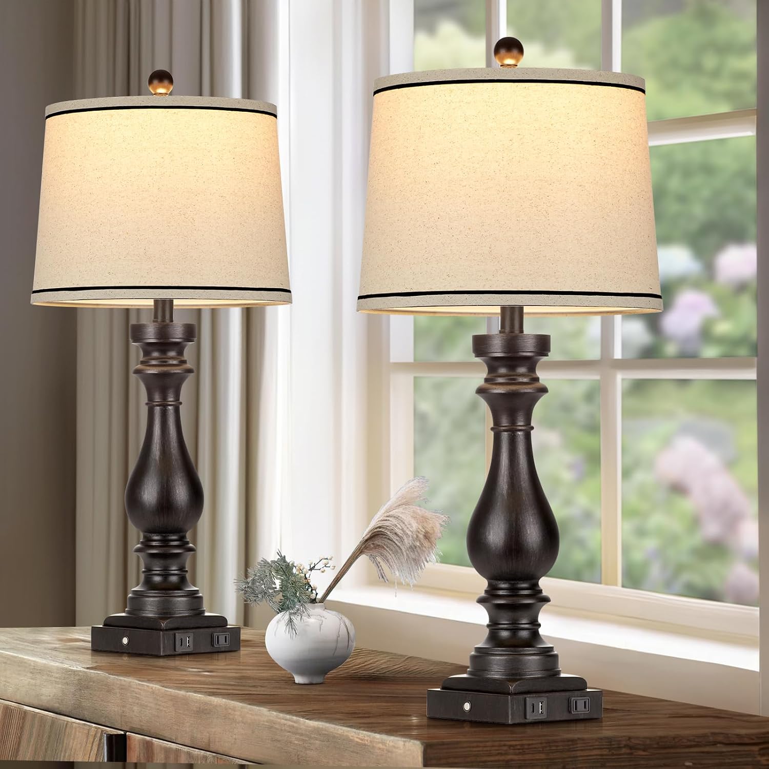 Cinkeda 29" Tall Table Lamp for Living Room Set of 2, Farmhouse Vintage Bedside Nightstand Lamps with USB C+A Ports & AC Outlet,3-Way…