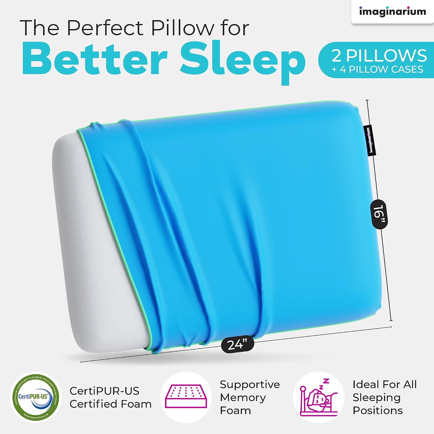 Imaginarium 2 Pack Memory Foam Pillows for Bed – 16" x 24" Standard – Fun Decorative Colorful Pillow for Sleeping – Back, Stomach & Side…