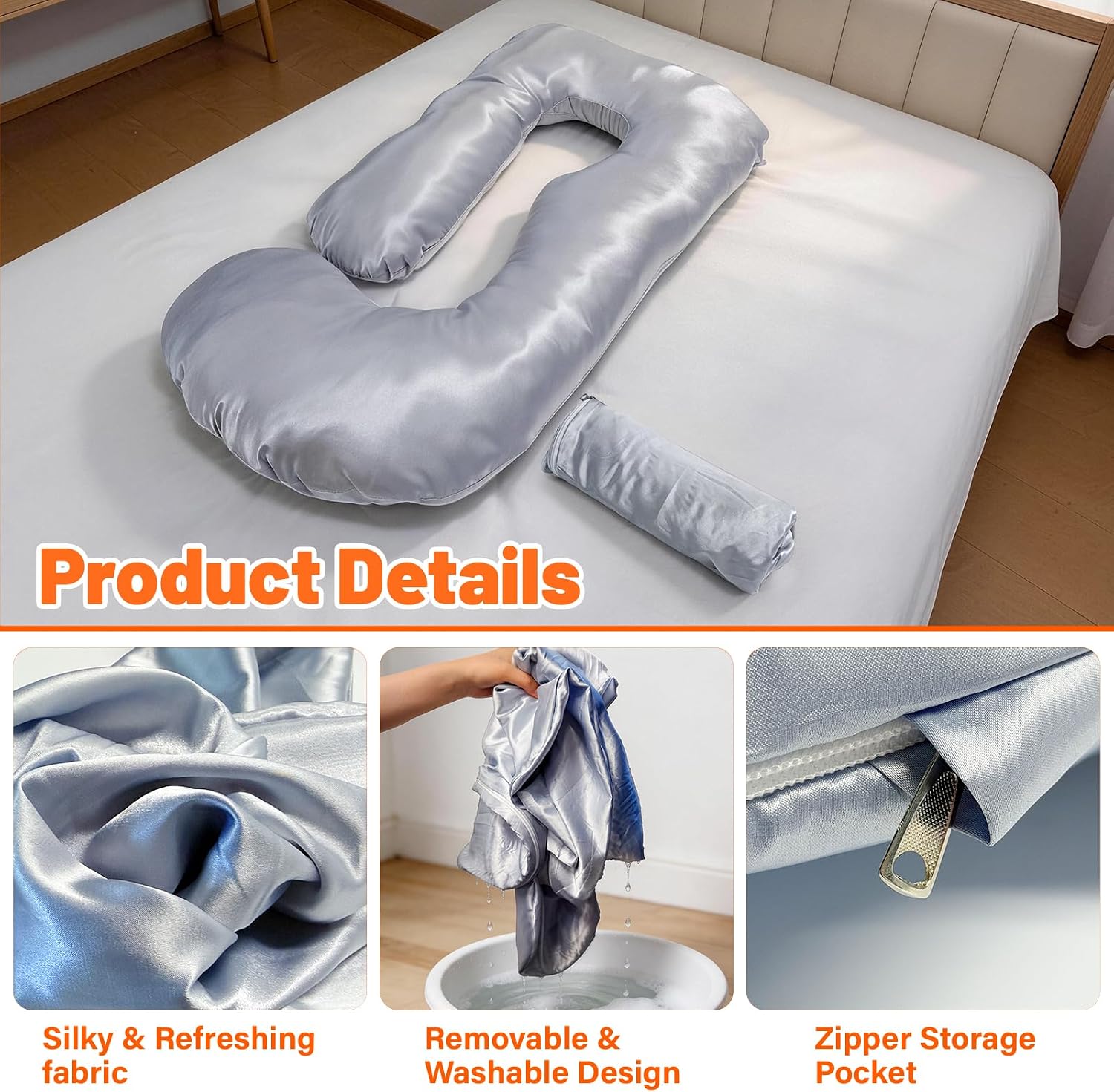 JZHLLA Maternity Pillow Cover, Silky Satin Fabric Removable & Washable U-Shaped Smooth Pregnancy Pillow Cover with Hidden Zip(Grey,2 PCS)