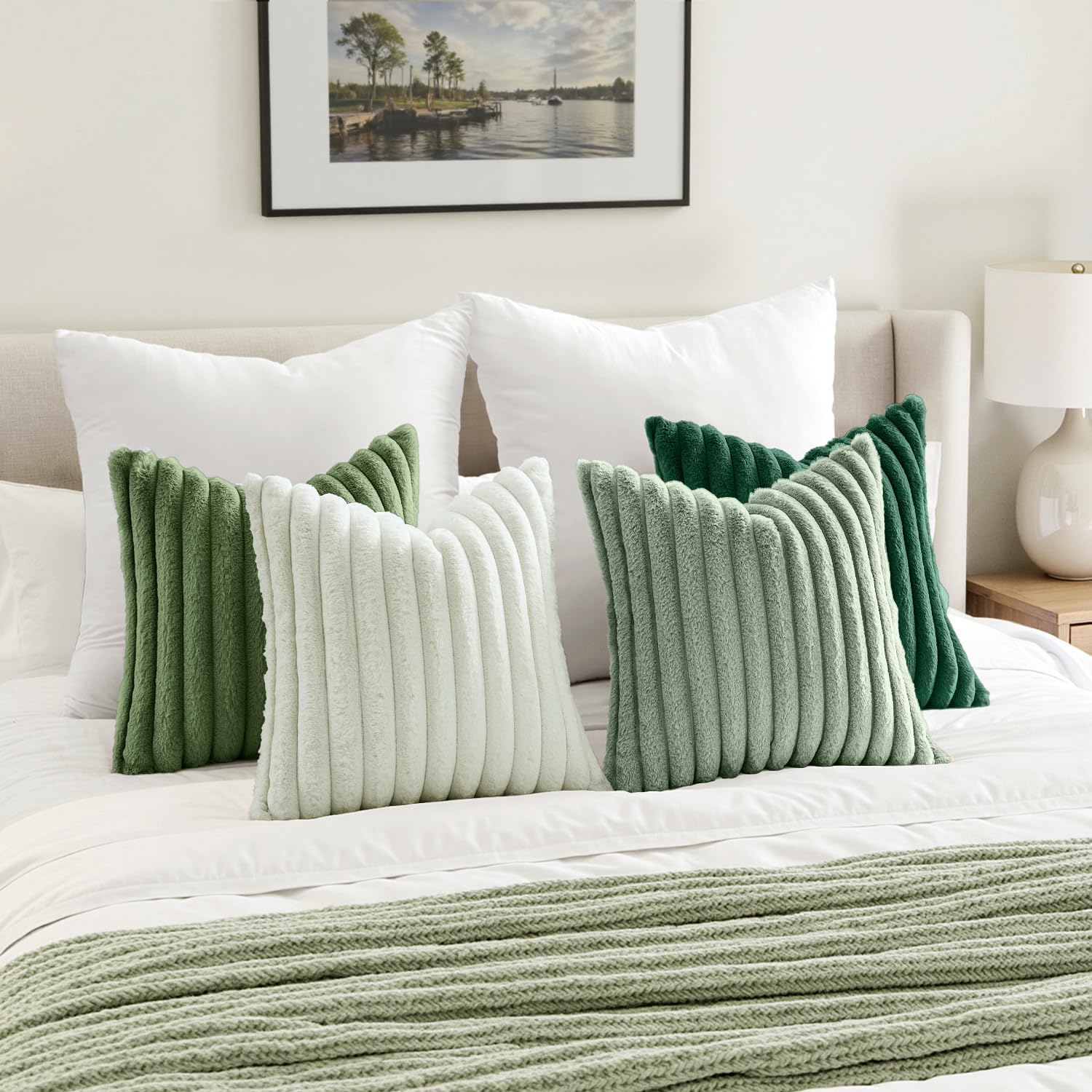 Miulee Faux Fur Plush Decorative Throw Pillow Covers 18x18 Set of 4, Spring Modern Soft Fuzzy Striped Cushion Covers for Sofa Couch Bed Liv…