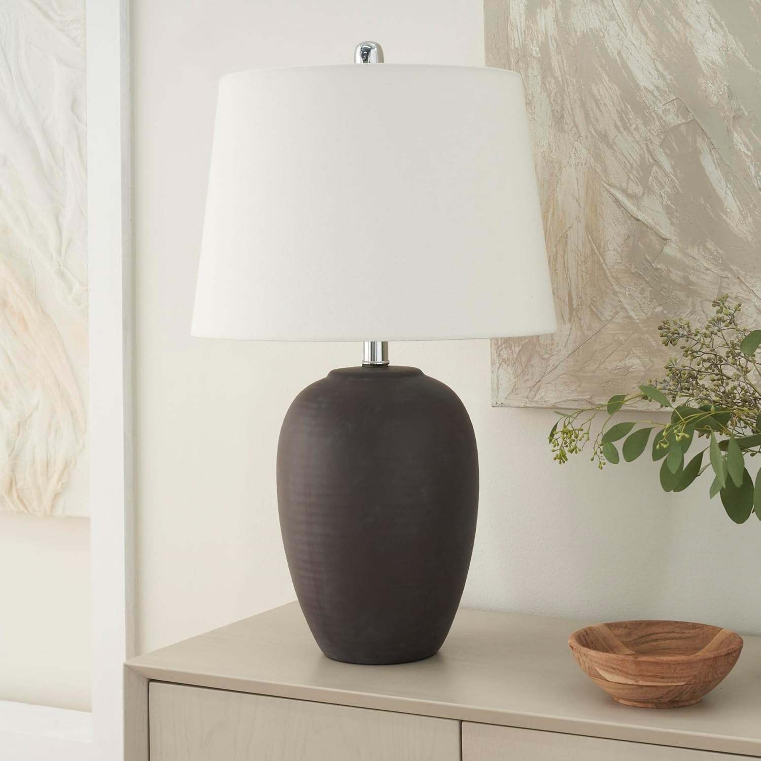 Nourison Home 23" Dark Purple Distressed Ceramic Pot Table Lamp for Bedroom, Living Room, Dining, Office, with White Shade