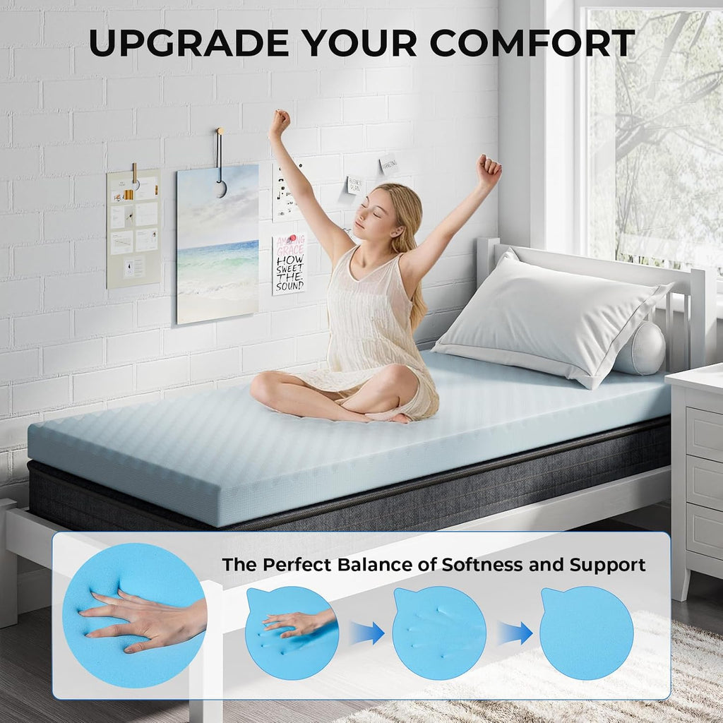 OhGeni 3 Inch Twin Size Memory Foam Mattress Topper Pad with Cover, Egg Crate Foam with Anti-Slip Base, Enhanced with Cooling Gel, Removable…