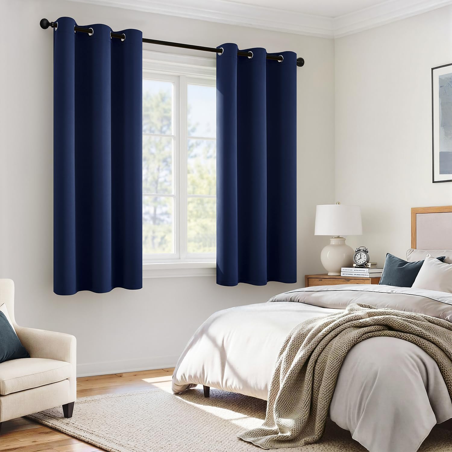 Miulee Navy Blue 100% Blackout Curtains for Bedroom 54 Inch Length, 2 Thick Layers Thermal Insulated Short Window Curtains with Black Liner…