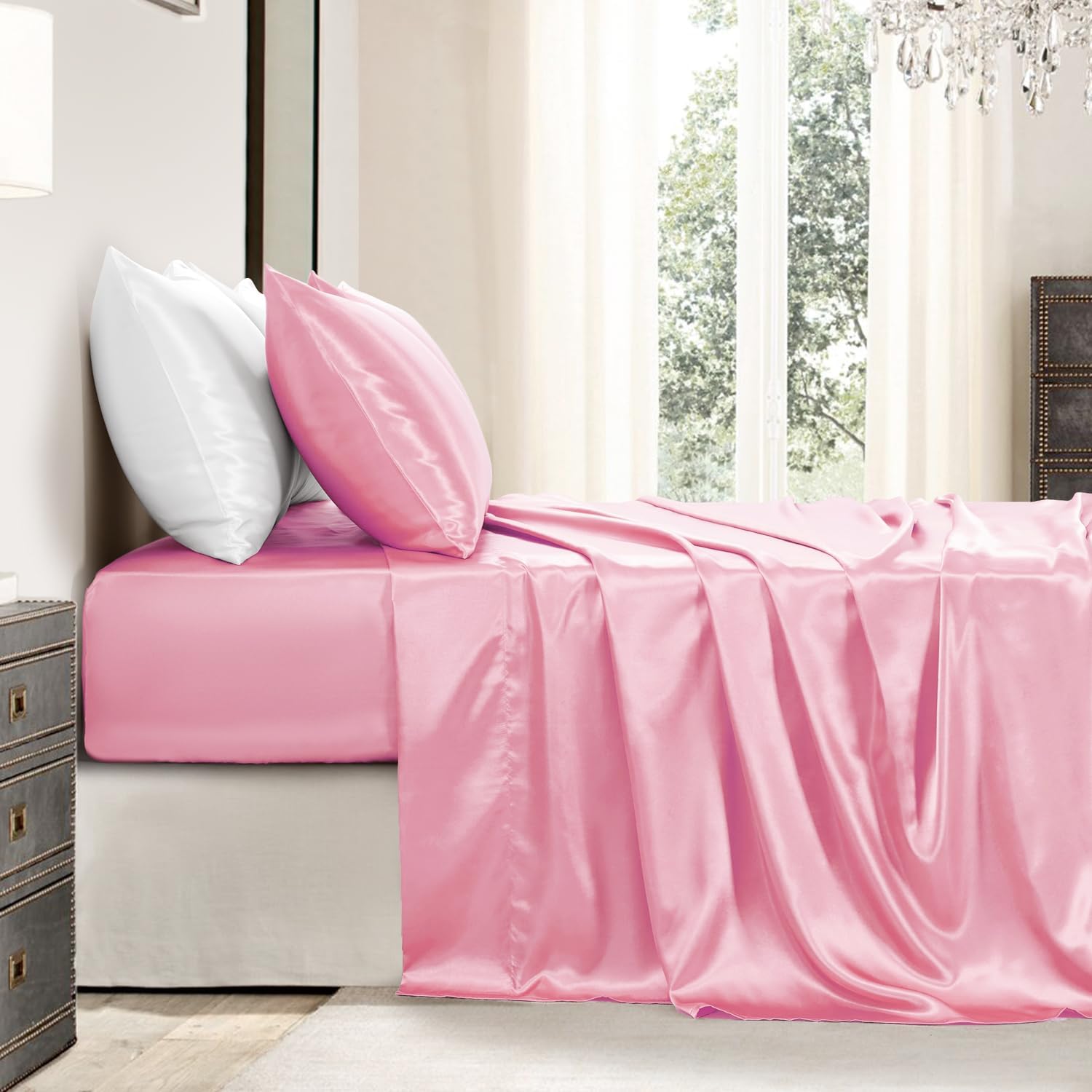 Golal Satin Sheets Queen Size - 4 Pieces Luxury Silky Soft Bed Sheets, Wrinkle-Free Light Pink Satin Silk Sheet Set with 1 Deep Pocket Fitt…