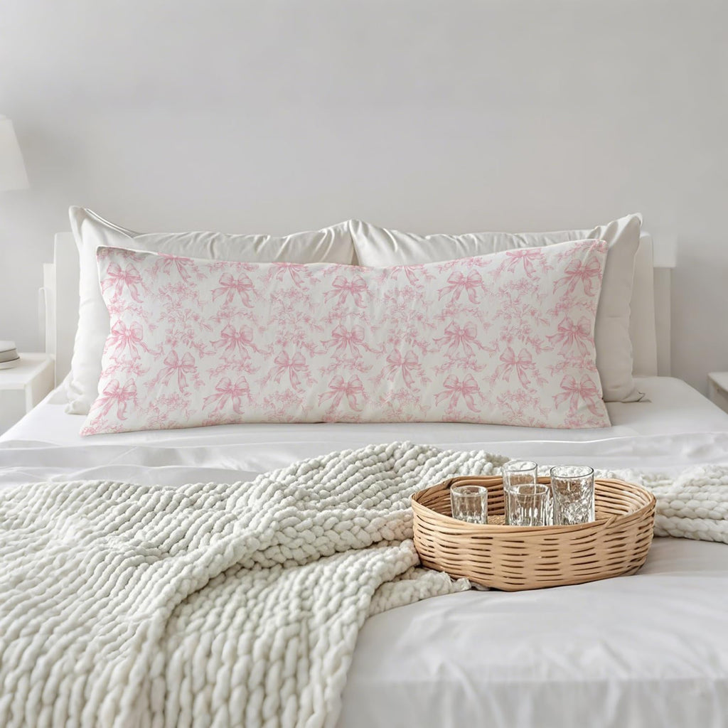 Coquette Pink Bow Grandmillennial Floral 20x54 Body Pillow Cover, Chinoiserie Decor, Girly Room Decor, Vintage Pink and White Flower…