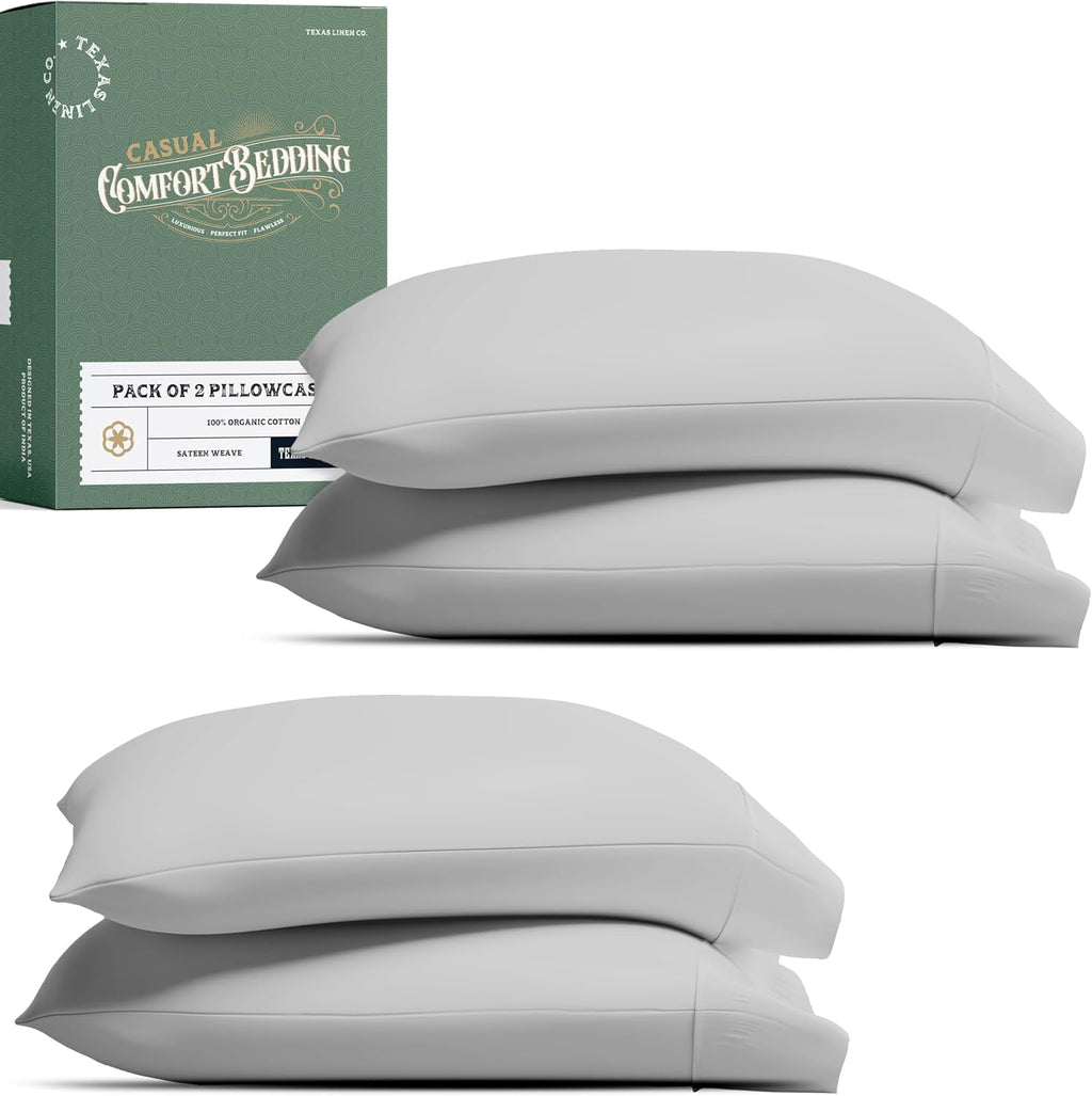 TEXAS LINEN CO. 100% Organic Cotton Pillow Cases Standard Size Set of 4 - Soft & Crisp Organic Cotton Pillowcases Standard/Queen Size (2…