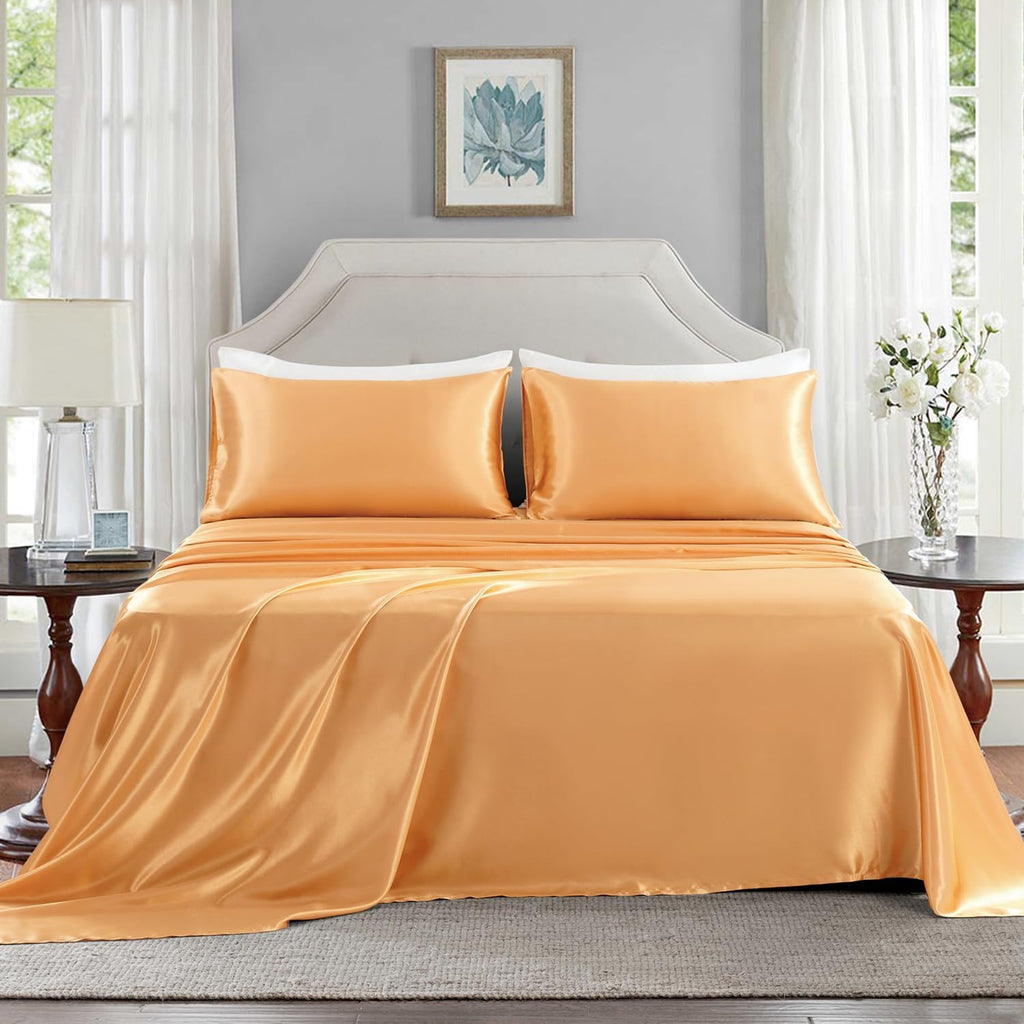 Golal Satin Sheets King Size - 4 Pieces Luxury Silky Soft Bed Sheets, Wrinkle-Free Gold Satin Silk Sheet Set with 1 Deep Pocket Fitted Shee…
