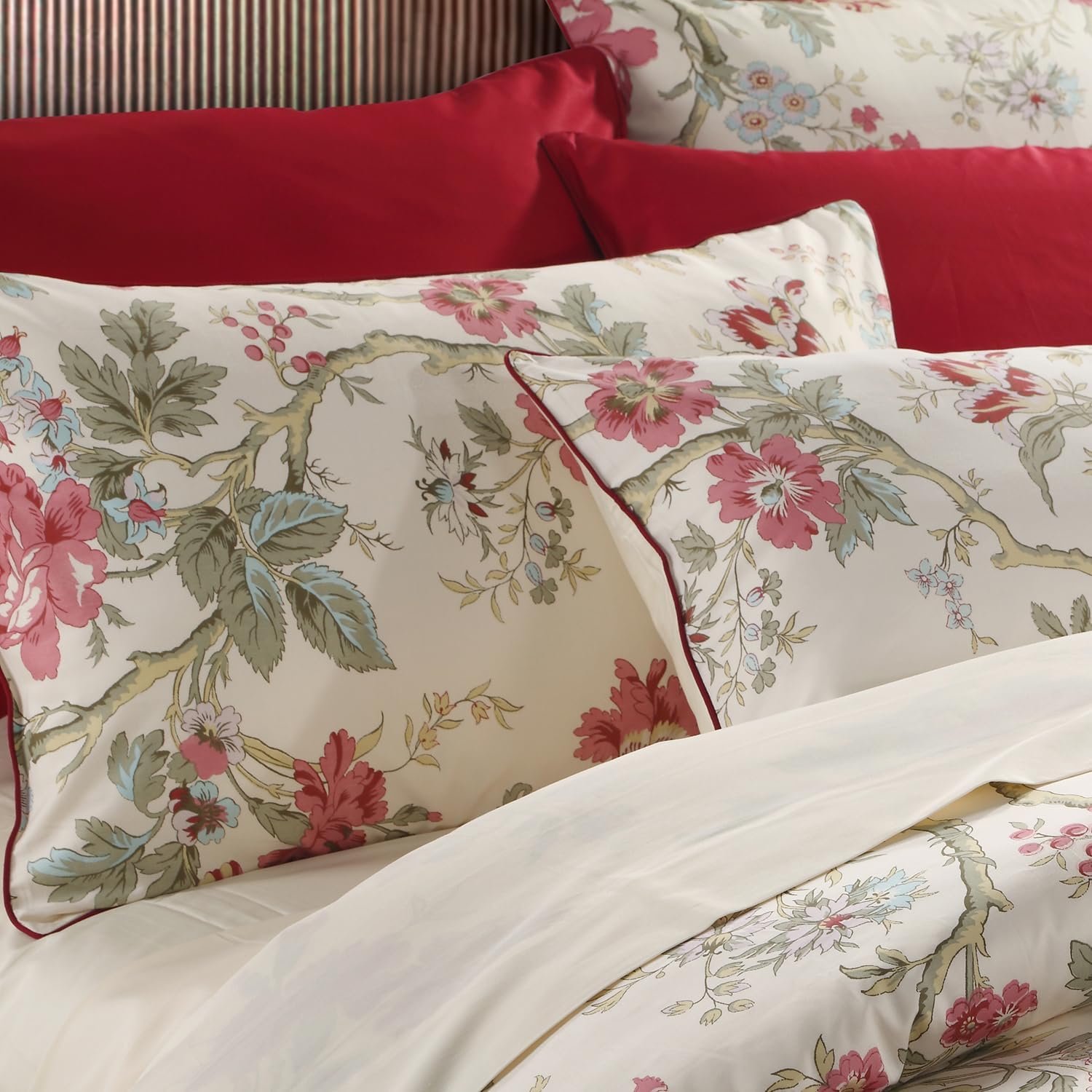 Winlife 100% Cotton Pillowcases Floral Printed Pillow Cases Set of 2 Red Flowers and Green Branches Leaf Pattern Pillow Cover King 20x36''…