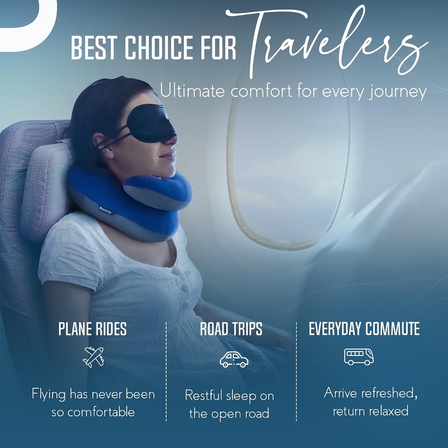 BCOZZY Travel Neck Pillow for Airplane – Patented Double Support for Head, Neck, and Chin. Best for Long Flights, Plane Sleeping, and Car…