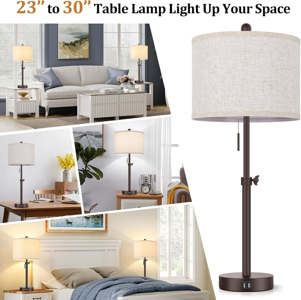 Modern Brown Table Lamps Set of 2, 23’’-30’’ Adjustable Bedroom Lamps with 2 USB Ports, Living Room Lamp Set with Cream Linen Shade…