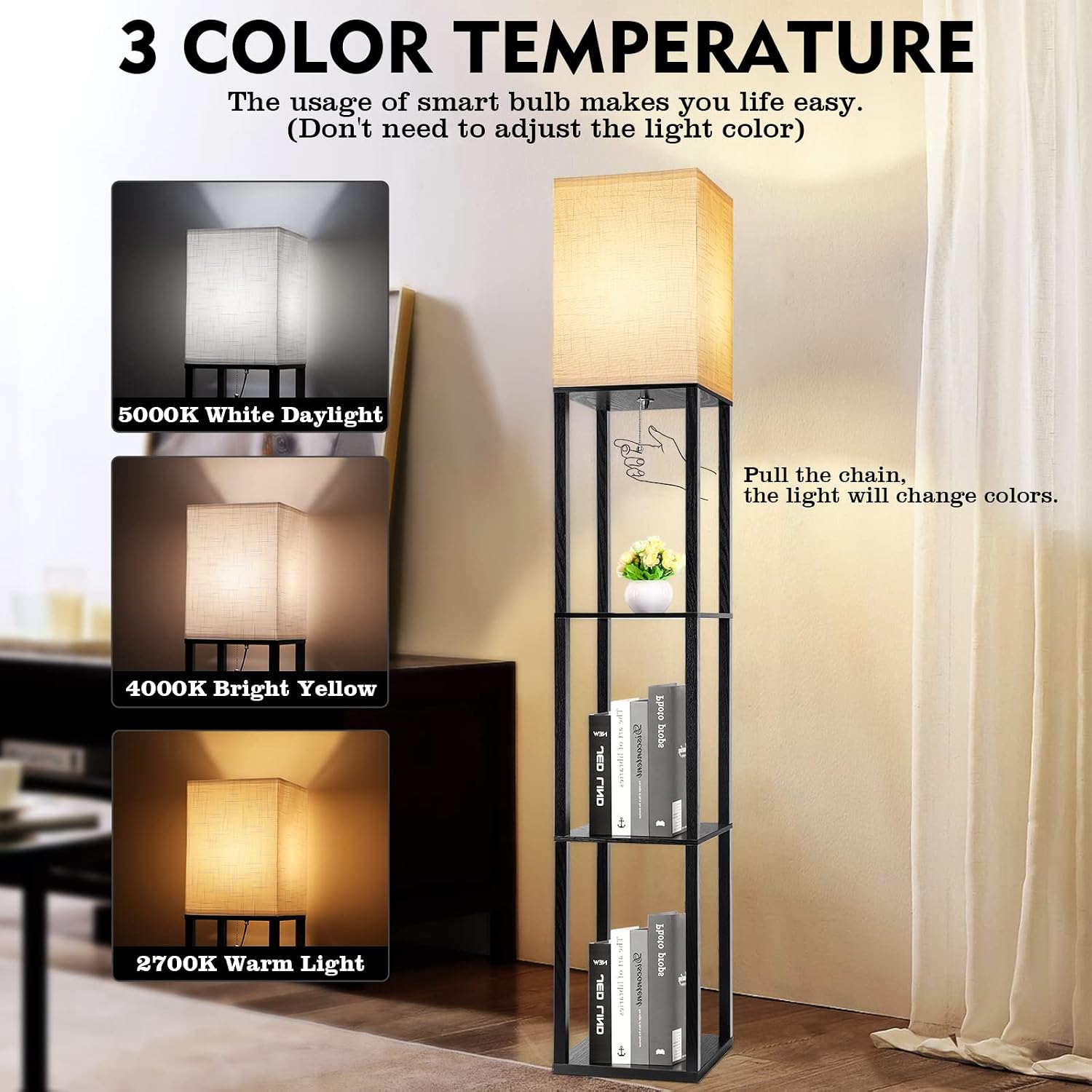 RUNTOP Floor Lamp with Shelves, Shelf Lamp with 3 Color Temperature LED Bulb, Floor-Lamp for Living Room, Modern Tall Standing Display…