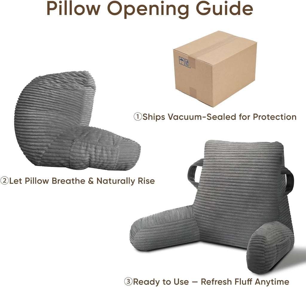 Reading Pillow for Sitting in Bed Adult, Bed Reading Pillow with Shredded Memory Foam, Back Pillow for Sitting with Arms and Pockets, Gery
