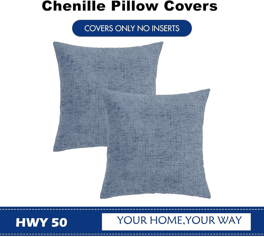 Hwy50 HWY 50 Dark Grey Blue Couch Pillow Covers 18x18 Inch Pack of 2, Soft Chenille Decorative Throw Pillow Cases Farmhouse for Sofa Living…