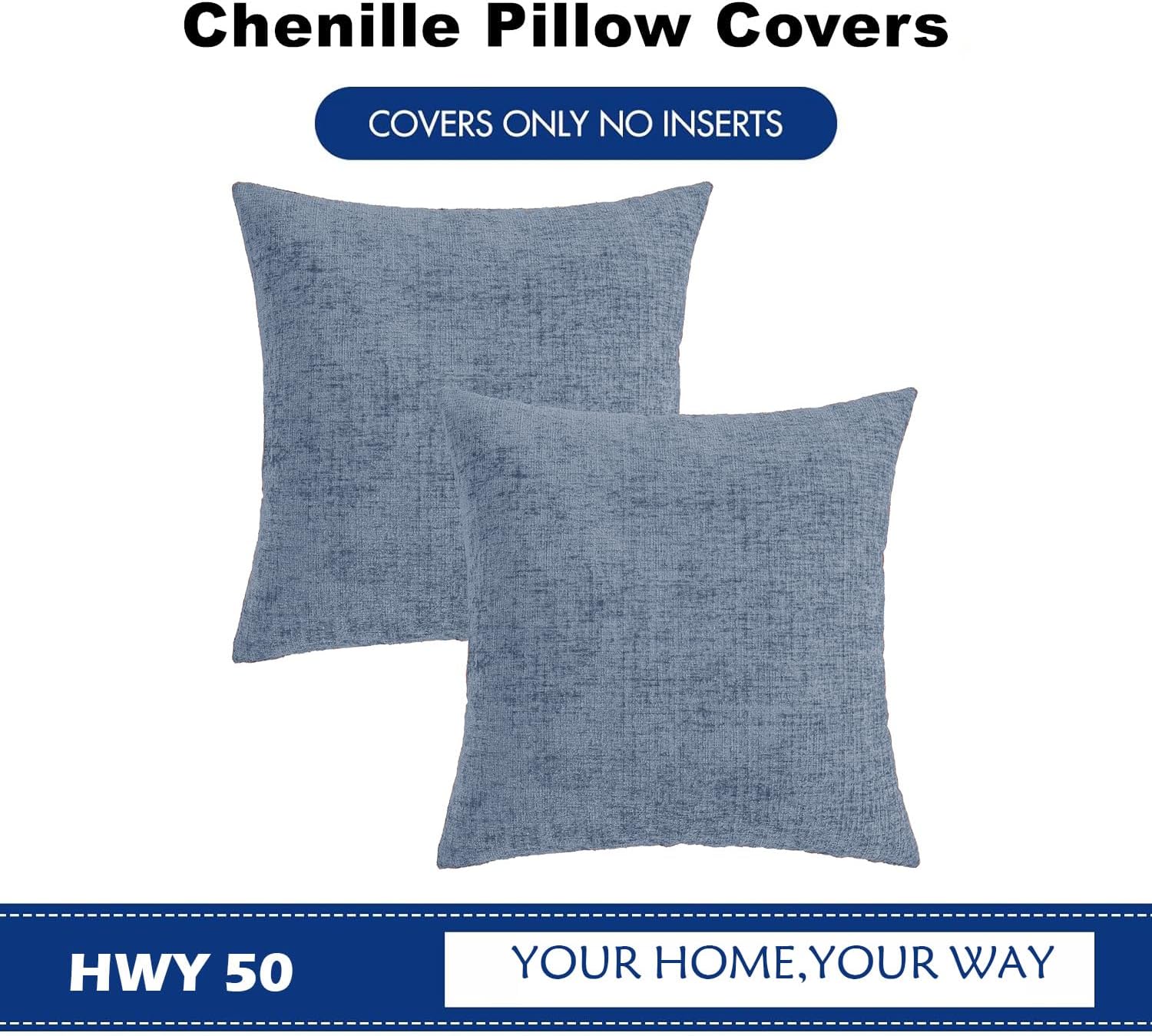Hwy50 HWY 50 Dark Grey Blue Couch Pillow Covers 18x18 Inch Pack of 2, Soft Chenille Decorative Throw Pillow Cases Farmhouse for Sofa Living…