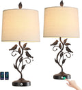 27" Set of 2 Touch Farmhouse Table Lamps for Living Room with 3-Way Dimmable 2 USB Ports, Vintage Rustic Iron Leaf Nightstand Lamp for…