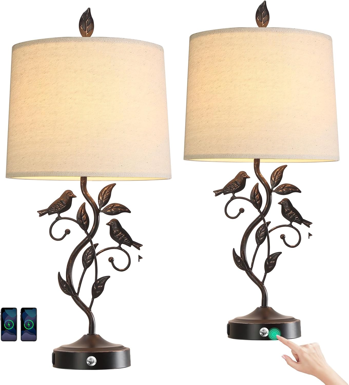 27" Set of 2 Touch Farmhouse Table Lamps for Living Room with 3-Way Dimmable 2 USB Ports, Vintage Rustic Iron Leaf Nightstand Lamp for…