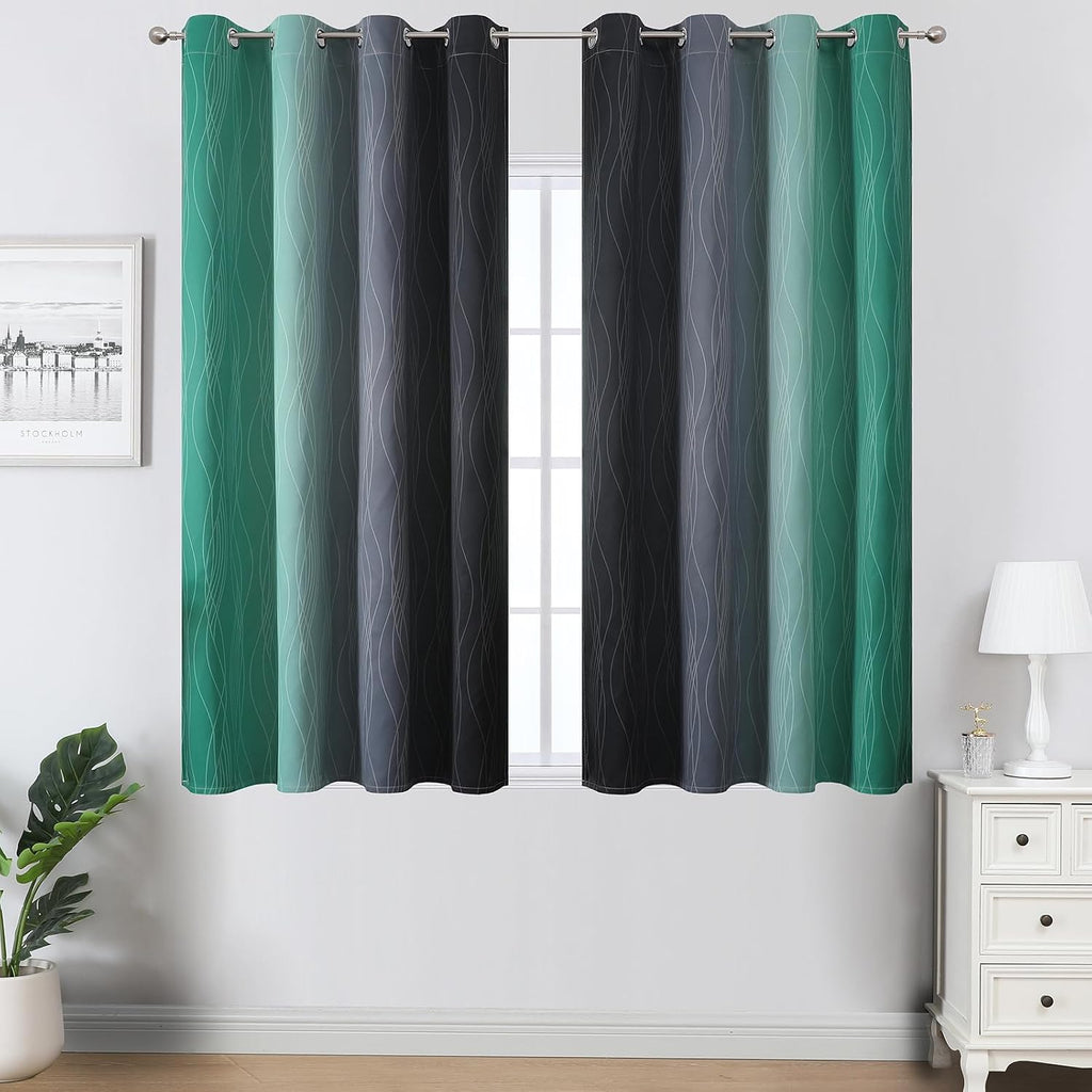 Estelartextiler Estelar Textiler Black and Green Ombre Blackout Curtains 45 Inches Long, Full Room Darkening Gradient Drapes for Kitchen, T…