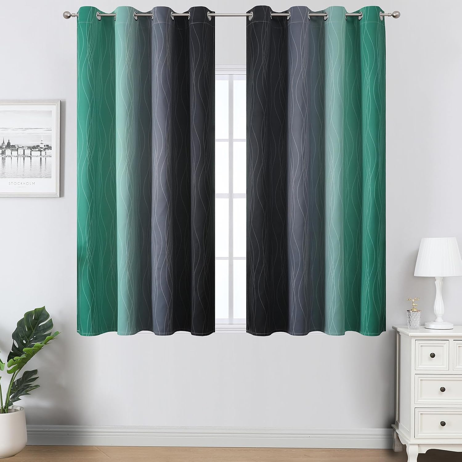 Estelartextiler Estelar Textiler Black and Green Ombre Blackout Curtains 45 Inches Long, Full Room Darkening Gradient Drapes for Kitchen, T…