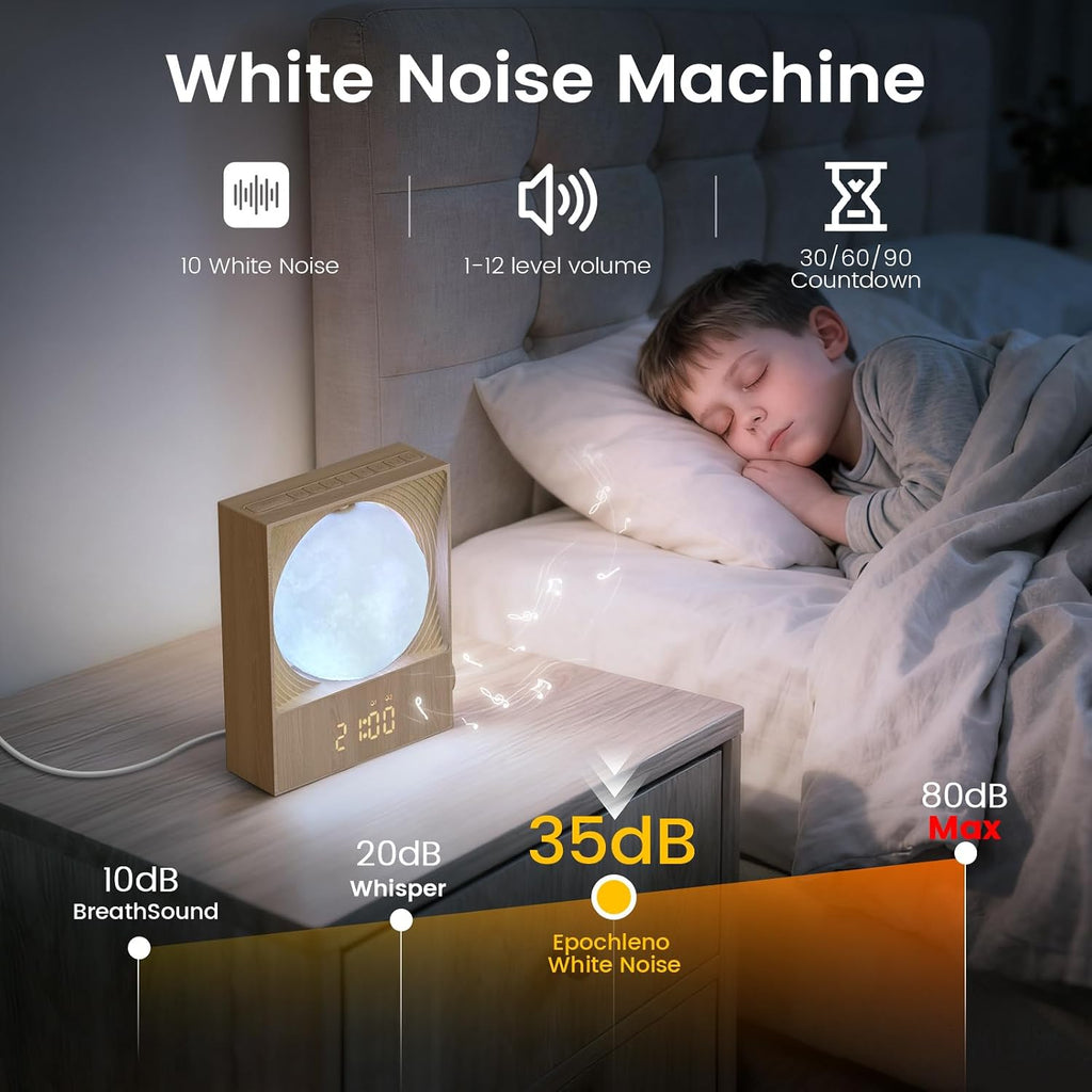 Epochleno Sunrise Alarm Clock, 360-Degree Rotating Moonlight & 10 White Noise Sounds, Dual Alarm & Snooze for Heavy Sleeper, Timer, Wooden…