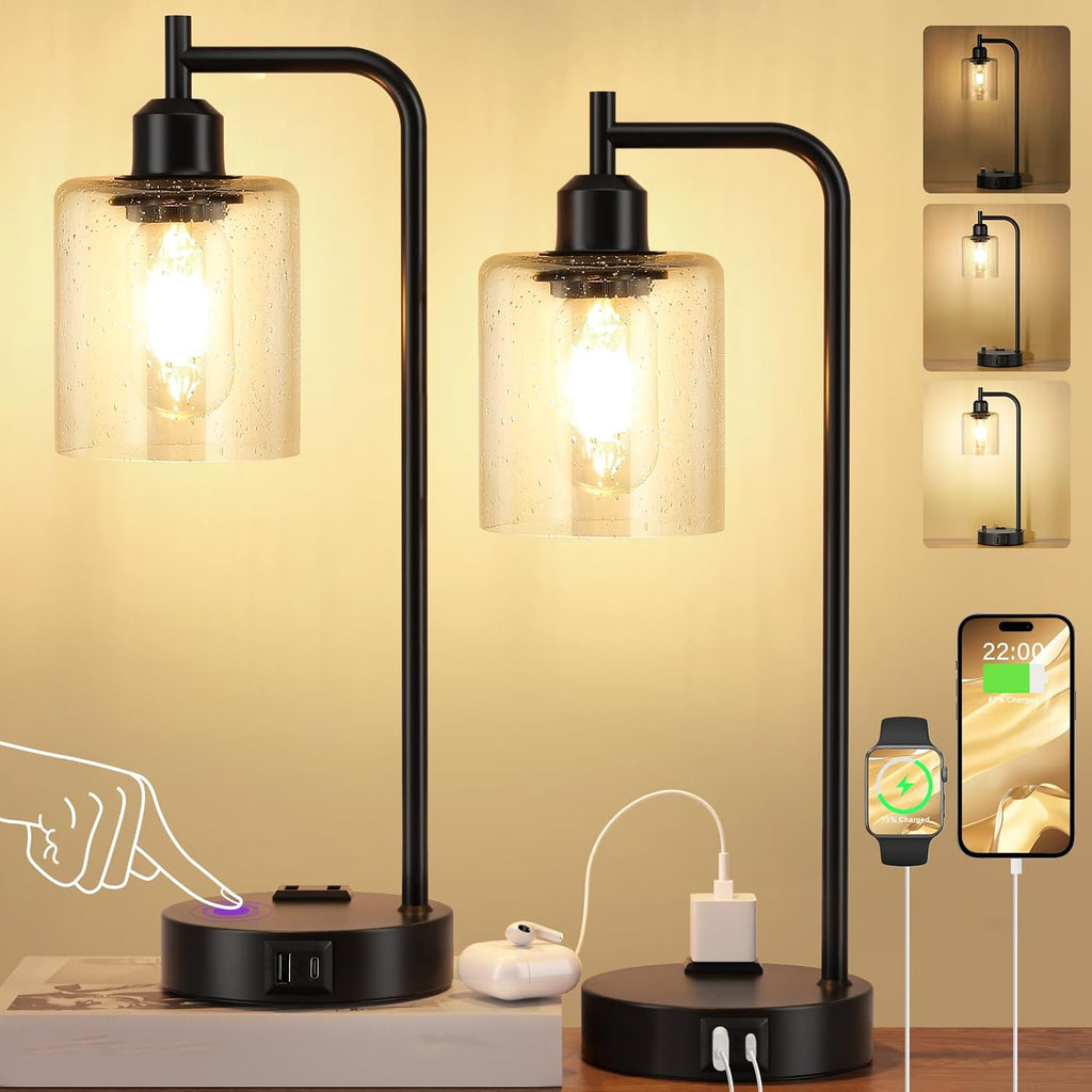 Industrial Touch Table Lamps for Bedrooms Set of 2 - 3-Way Dimmable Lamps with USB C+A Ports and Outlet, Black Bedside Lamps with Seeded…