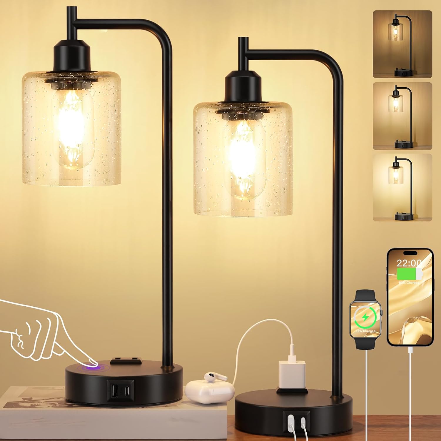 Industrial Touch Table Lamps for Bedrooms Set of 2 - 3-Way Dimmable Lamps with USB C+A Ports and Outlet, Black Bedside Lamps with Seeded…
