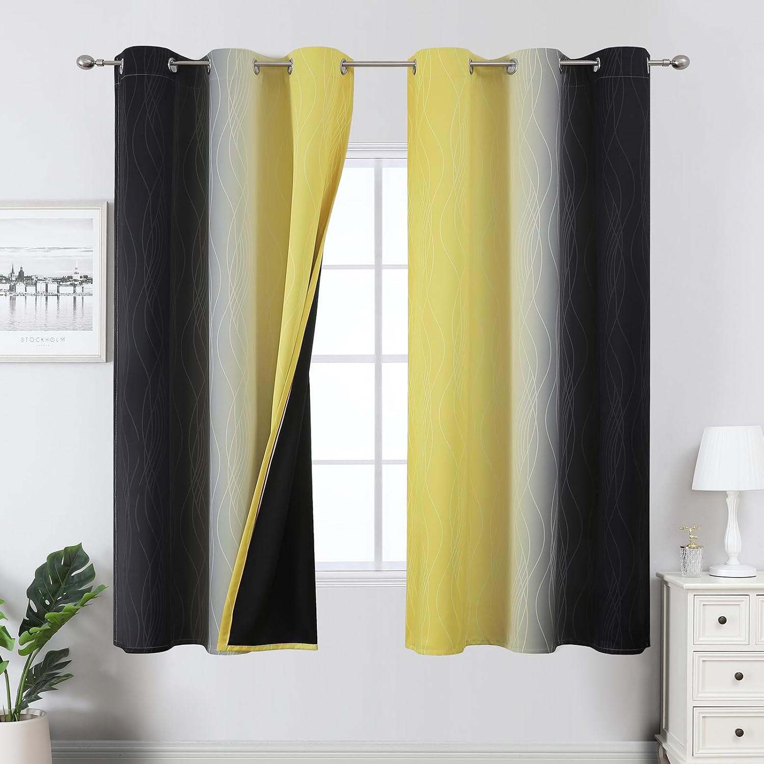 Estelartextiler Estelar Textiler Black and Yellow Blackout Curtains for Living Room, Full Room Darkening Ombre Curtains for Bedroom, Therma…