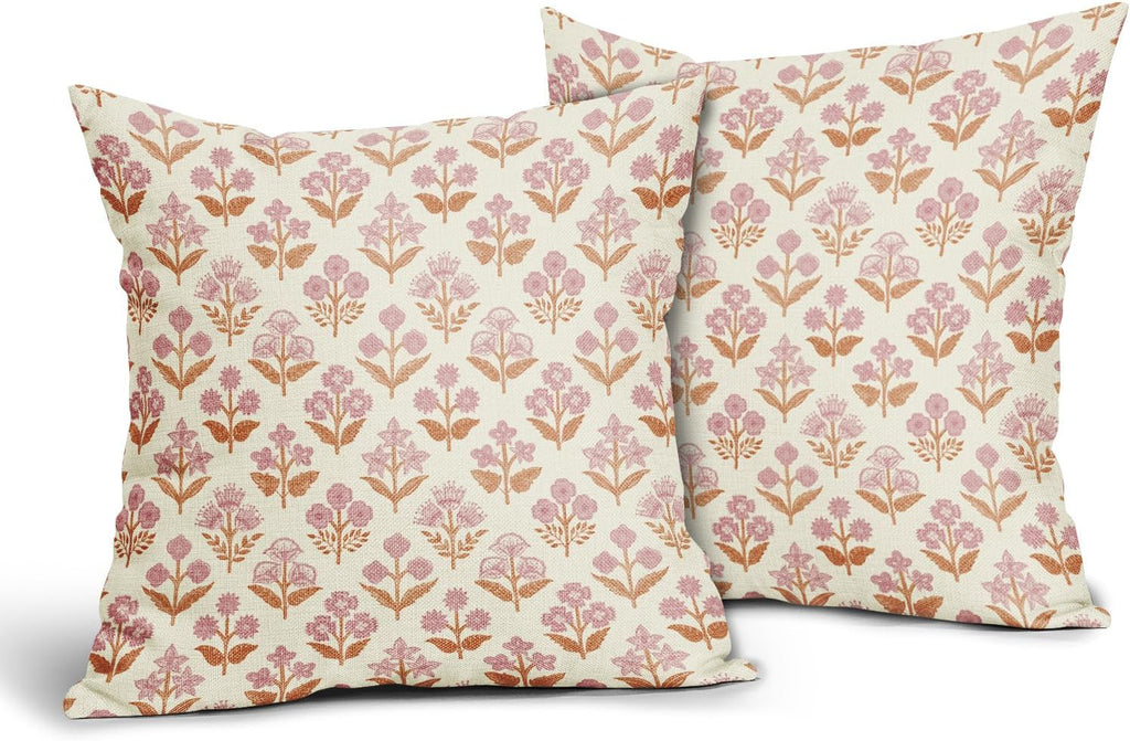 Orange Pink Floral Block Print Pillow Covers 20x20 Inch Set of 2, Vintage Flower Pattern Decorative Throw Pillowcases Outdoor Farmhouse…