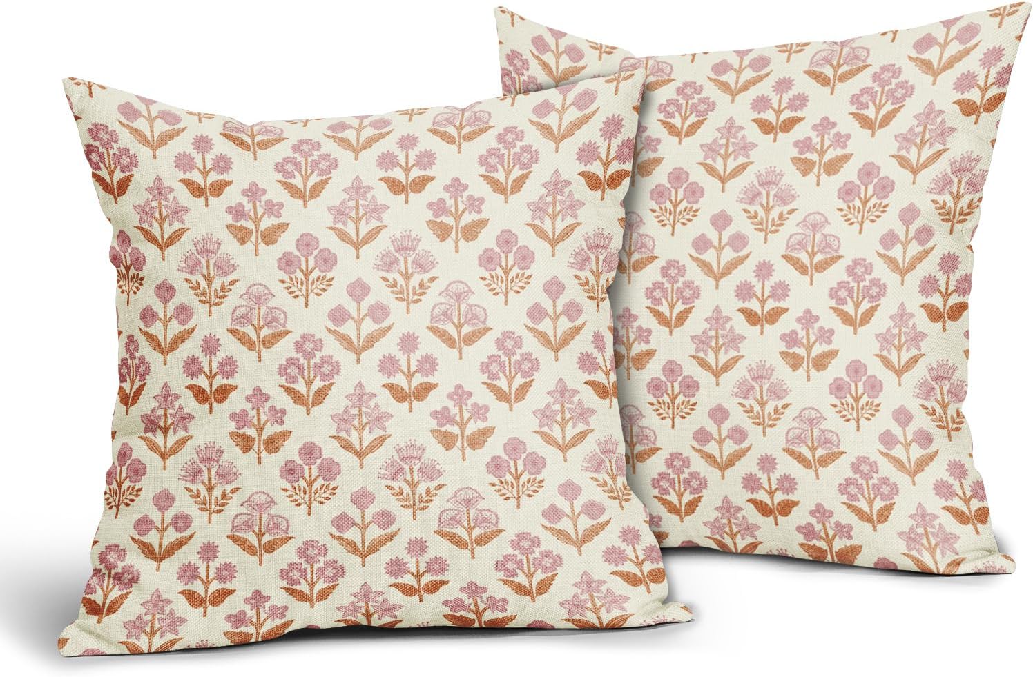 Orange Pink Floral Block Print Pillow Covers 20x20 Inch Set of 2, Vintage Flower Pattern Decorative Throw Pillowcases Outdoor Farmhouse…