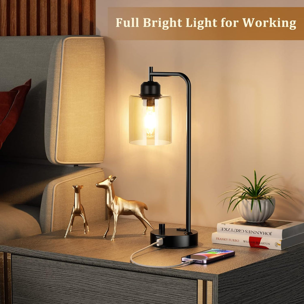 Industrial Bedside Desk Lamps for Bedroom - Grey Smoked Glass Shade Table Lamp with USB C Port, Fully Dimmable Small Lamps with USB Port…