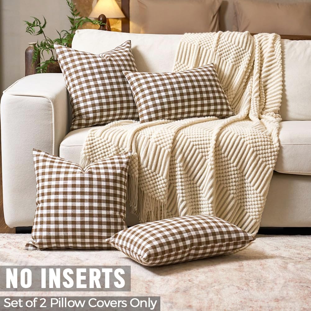 CARRIE HOME Outdoor Khaki and White Buffalo Plaid Pillow Covers 20x20 Set of 2, Khaki White Gingham Check Pillows Decorative Throw Pillow…