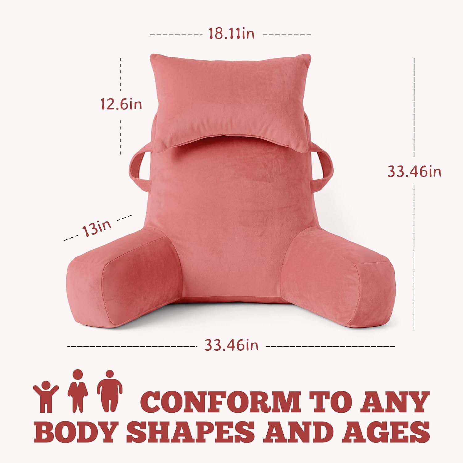Unisakey Portable Reading Pillows with Headrest for Bed Sitting Up(Dark Pink Oeko-Tex), Velvet Back Pillow with Arms & Pockets for…