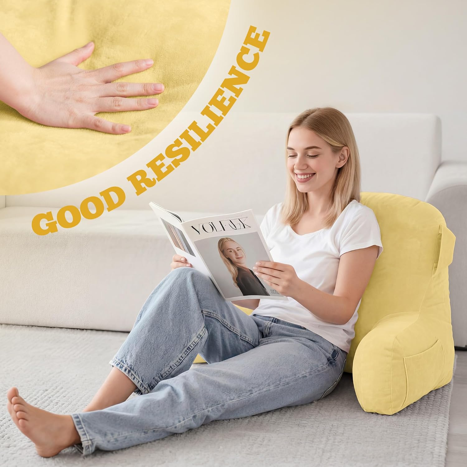 Unisakey Portable Comfy Reading Pillows for Bed Sitting Up(Yellow Oeko-Tex), Velvet Back Pillow with Arms & Pockets for Adults, Support…
