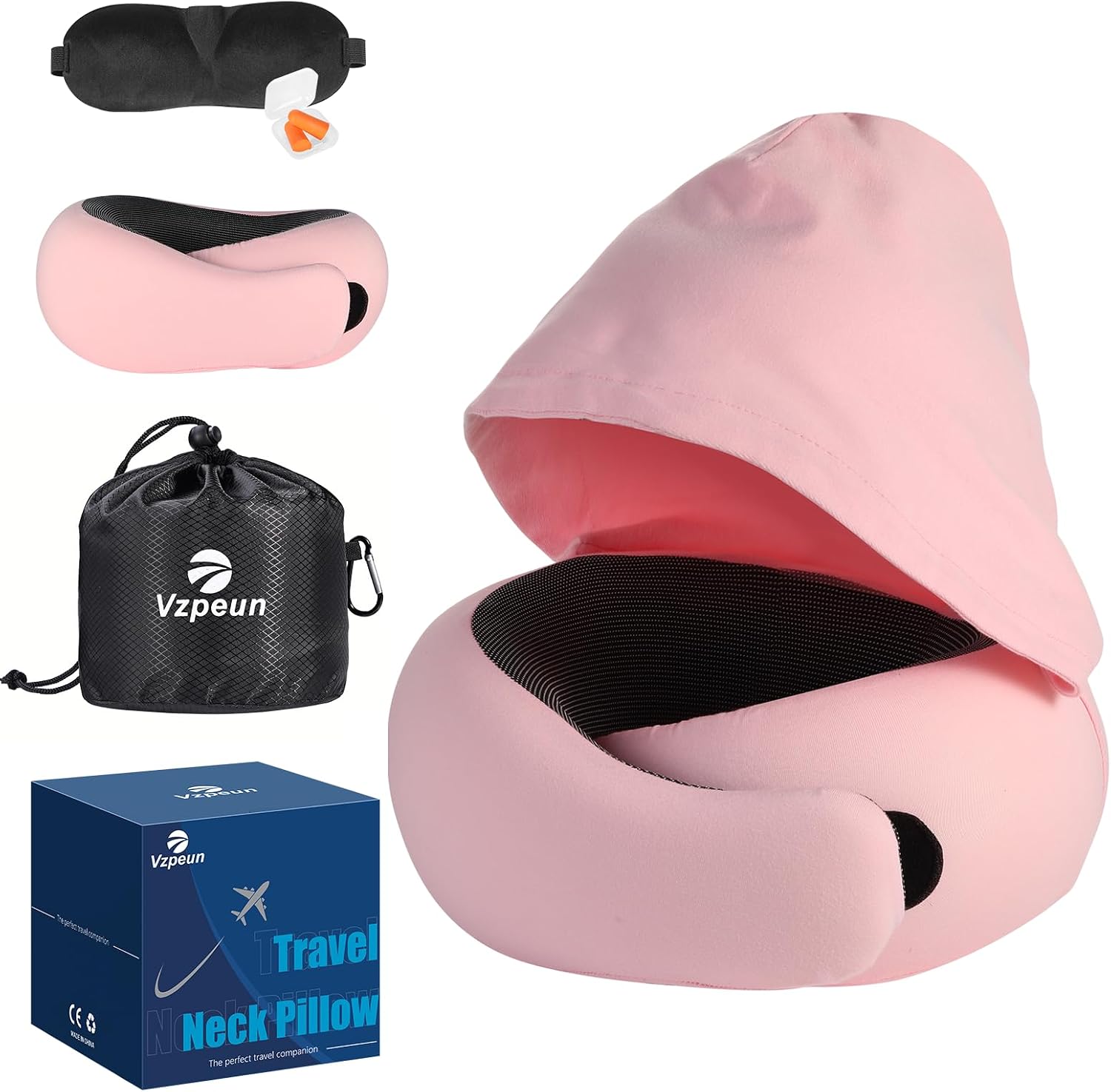 Vzpeun Travel Pillow - Hooded Neck Pillow Airplane Memory Foam Filling for Plane, Office, Cars Sleeping, Road Trip, Long Flights, Airplane…