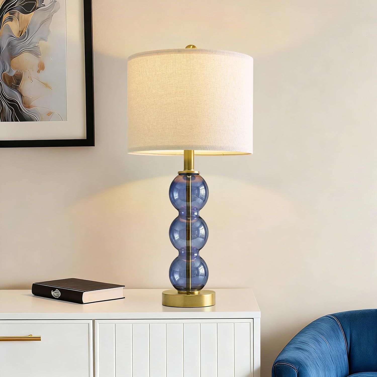 Oneach 25" Blue Table Lamps for Living Room, Glass Modern Table Lamp Set of 2, USB Charging Ports, Linen Shade, Bedside Lamps for Bedroom,…