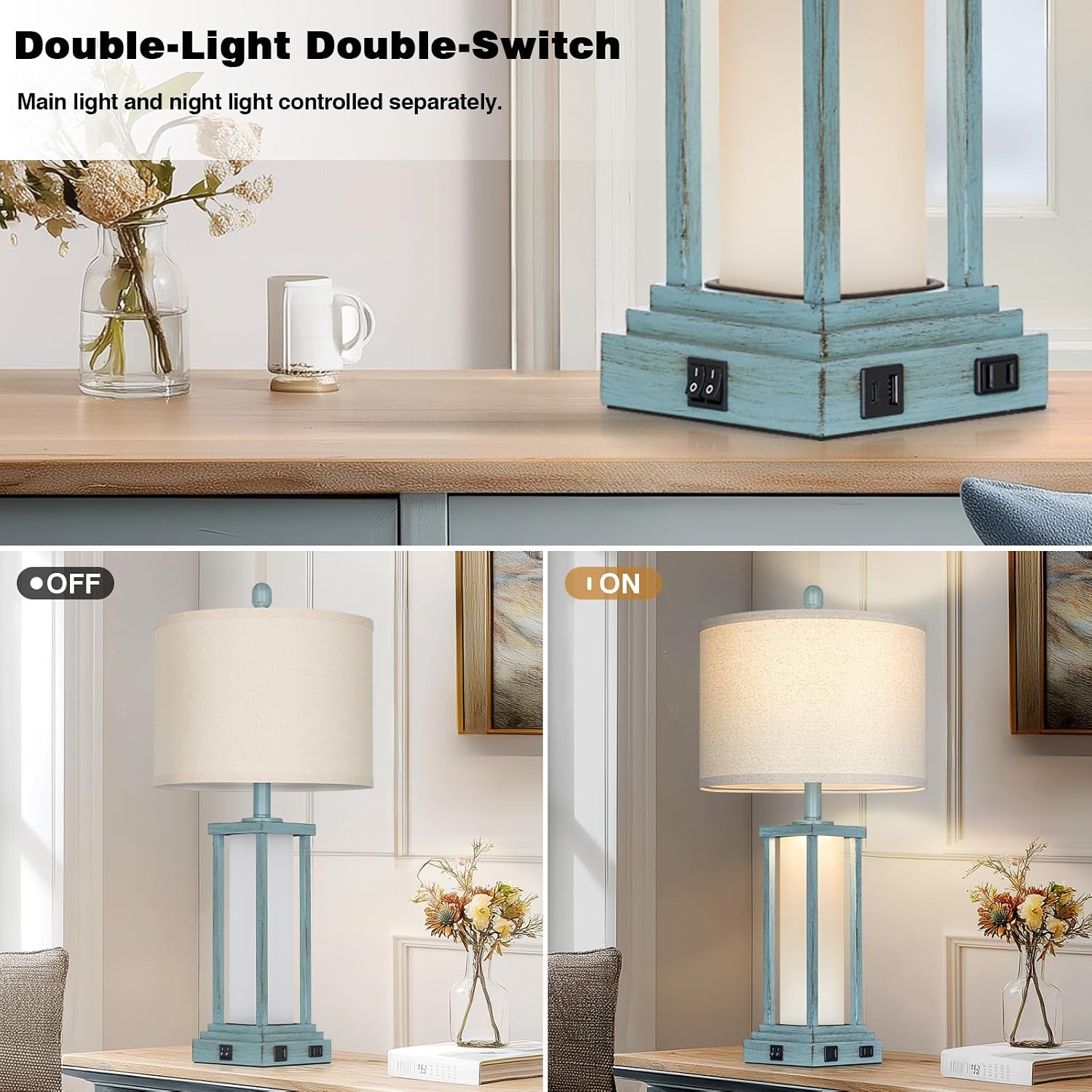 Cinkeda 27" Tall Vintage Table Lamp Set of 2 with USB C+A & Outlet, Nightstand Lamp for Living Room, Coastal Bedside Lamps with Frosted…