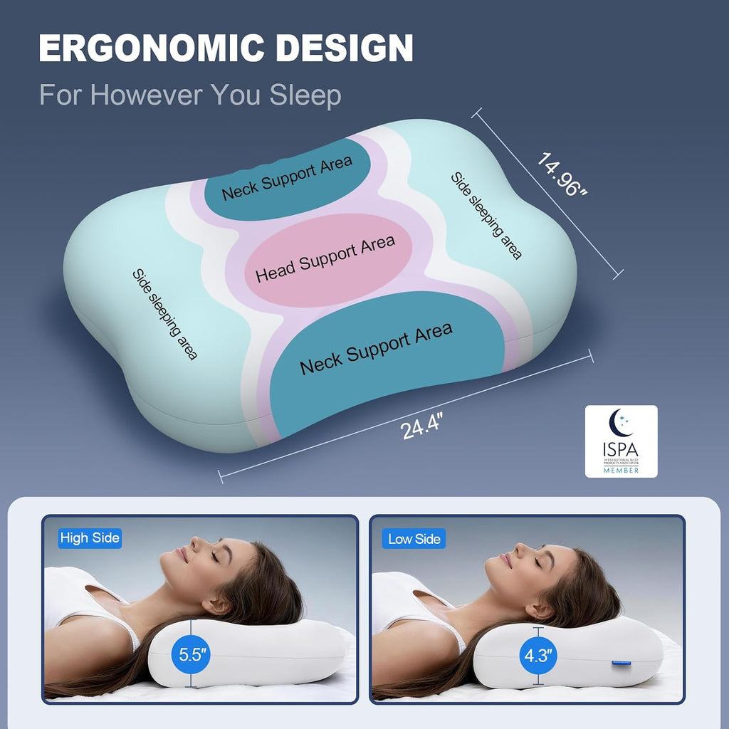Huader Cervical Pillows for Neck, Cooling Memory Foam Hypoallergenic Pillow for Side, Back & Stomach Sleepers – Ergonomic Neck Support, fo…