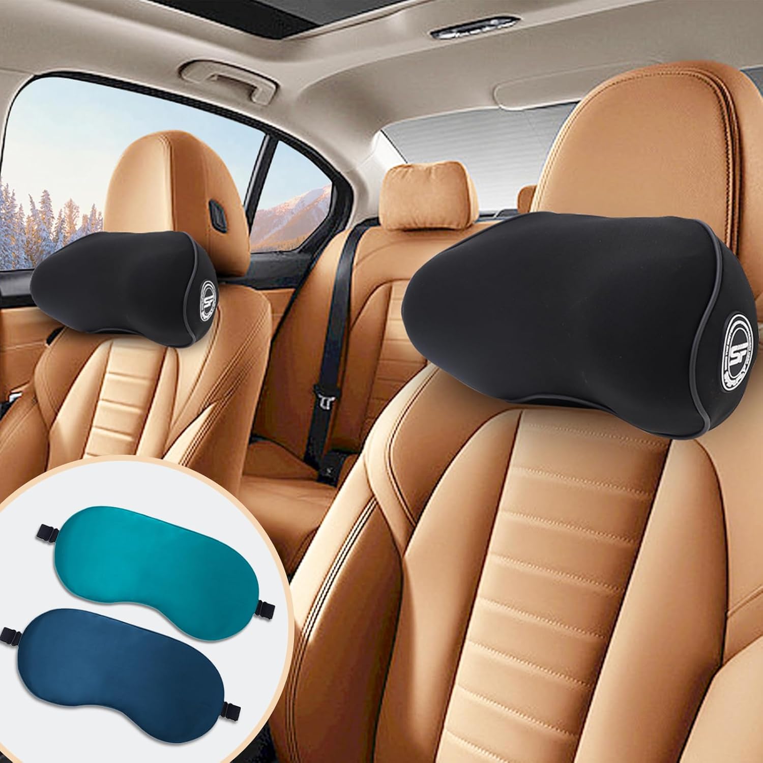 Sprfufly 2 Pack - Car Headrest Pillow for Neck Support, 100% Memory Foam Car Neck Pillow with Sleep Mask - Universal Fit Head Rest Travel P…