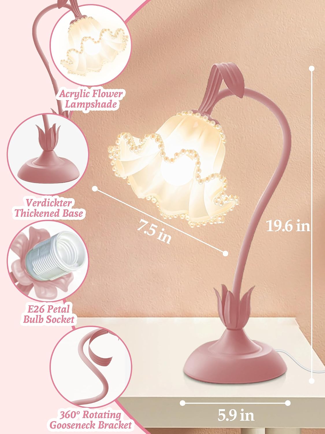 Flower Table Lamp Bedside Lamps LED Reading Light,3 Color Modes Cute Small Lamp, Vintage Flower Lamp Kawaii Table Lamp for Bedroom Living…